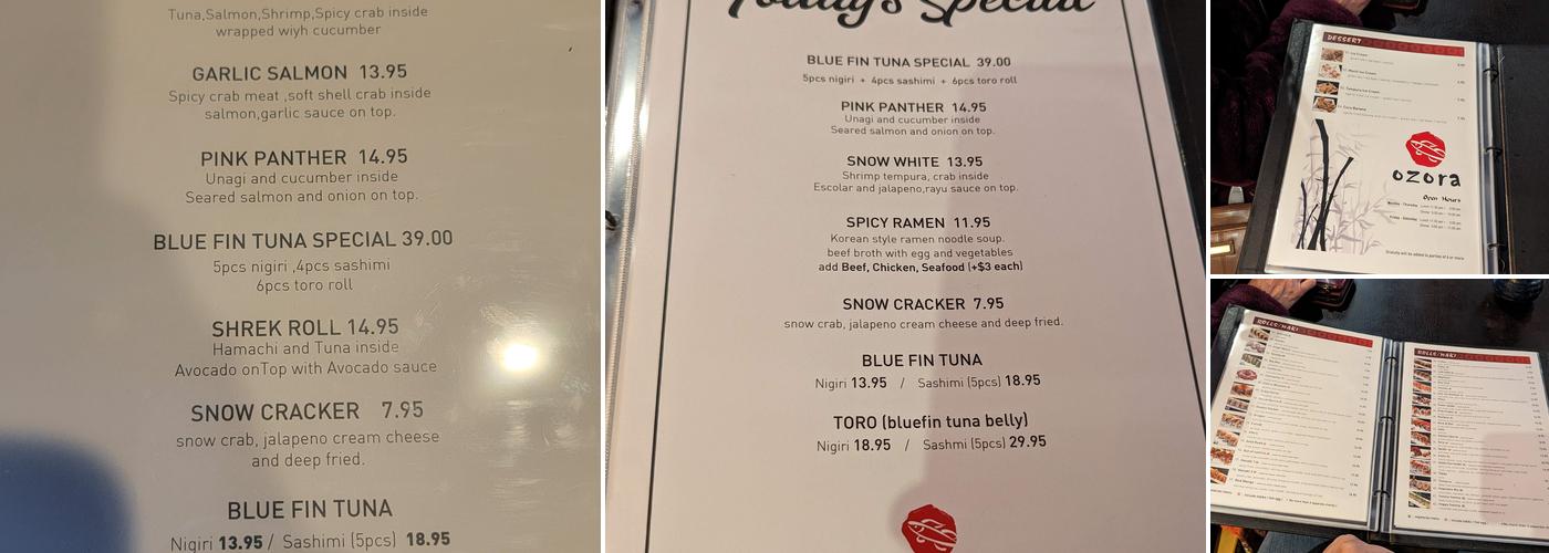Ozora Sushi Restaurant Menu