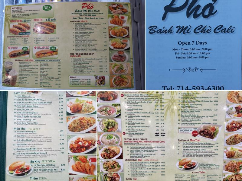 Phở Bánh Mì & Chè Cali Menu