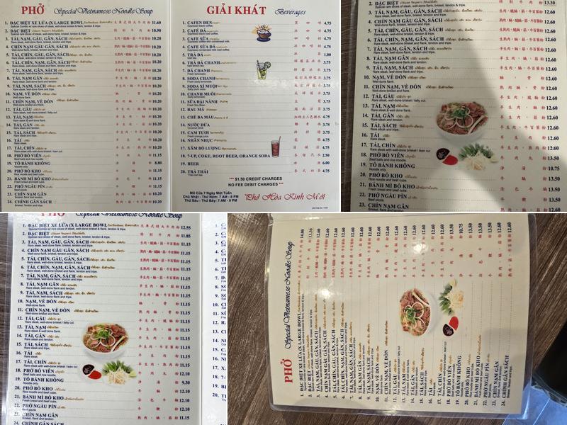 Phở Hòa Menu