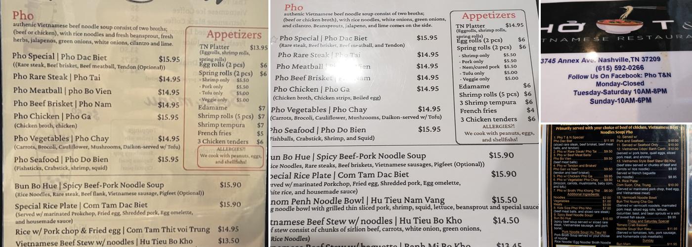 Pho T & N Menu