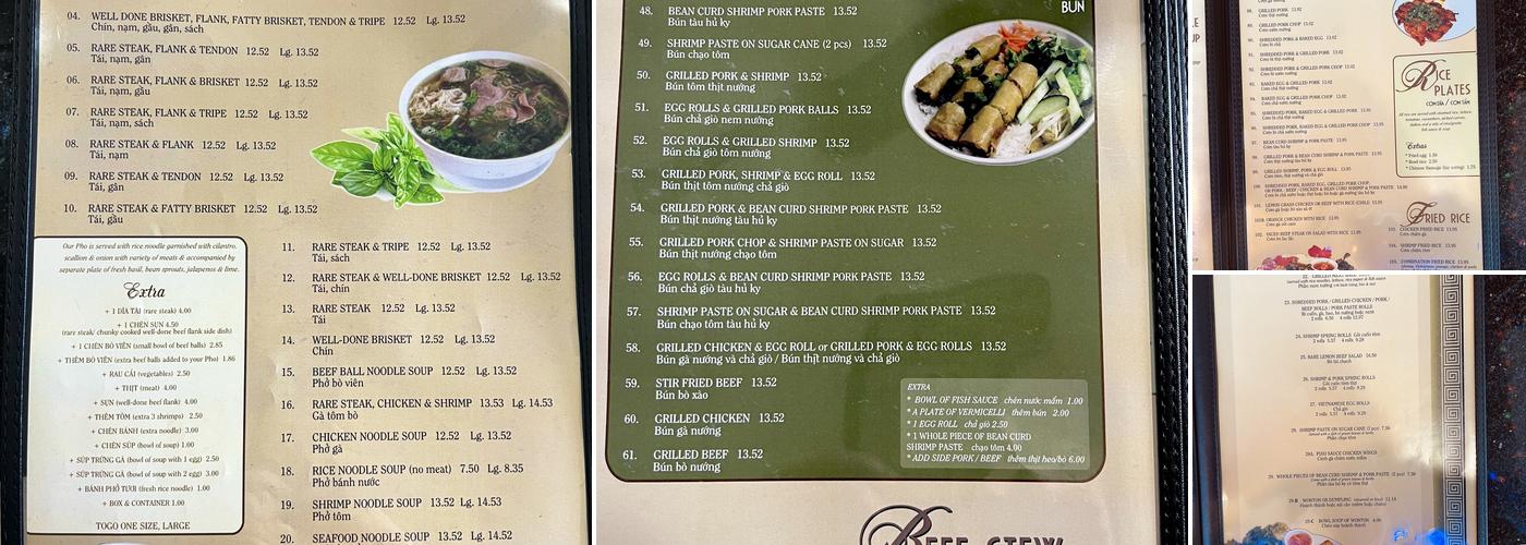 Phở Vân Restaurant Menu