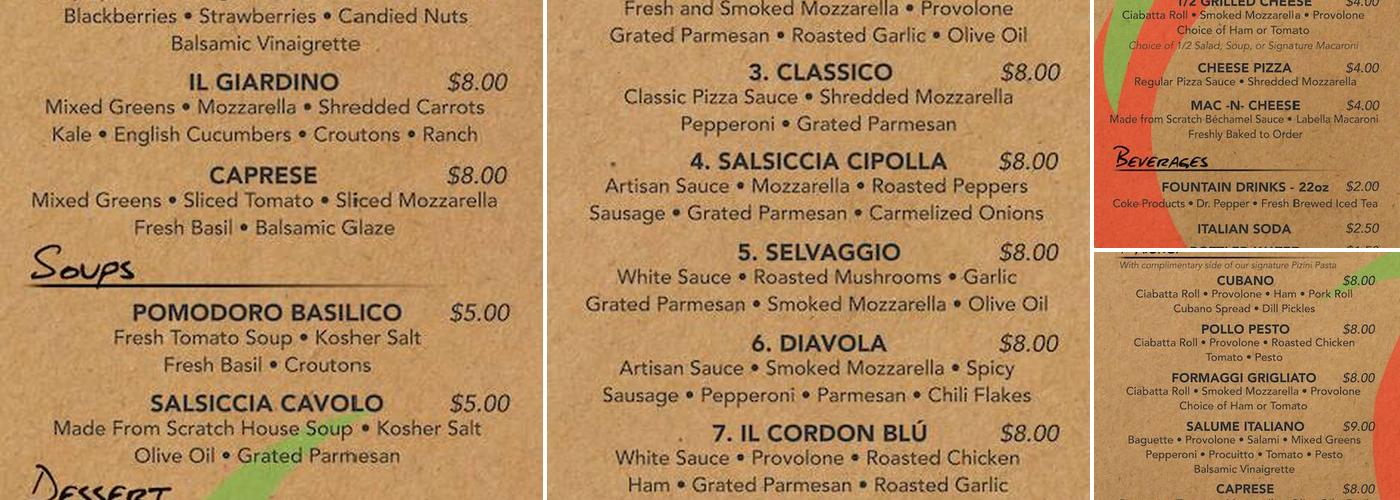 Pizini Pizza Menu