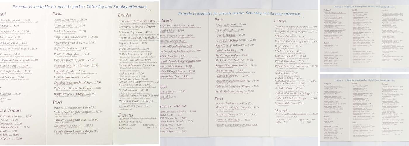 Primola Menu