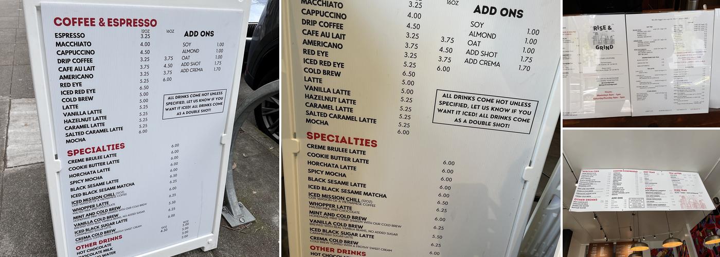 Rise & Grind Coffee and Tea Menu