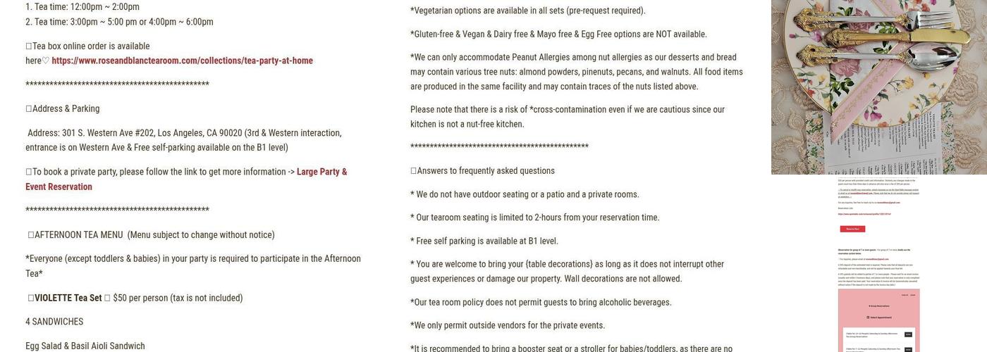 Rose & Blanc Tea Room - Small Party Venue Menu