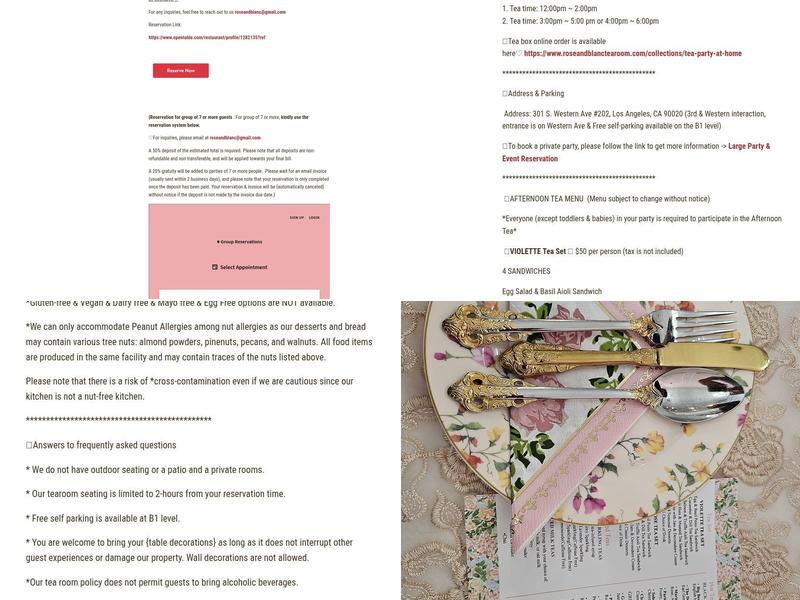 Rose & Blanc Tea Room - Small Party Venue Menu