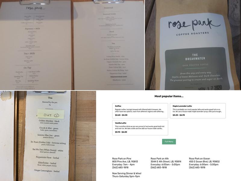 Rose Park Roasters Menu