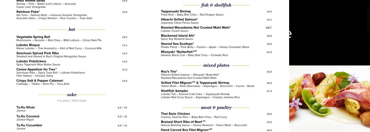 Roy's Restaurant Menu