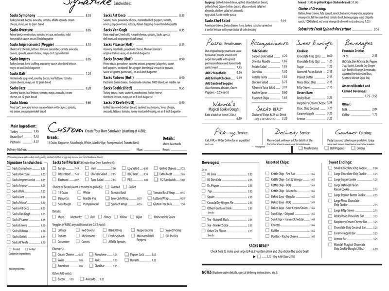 Sacks ASU Menu