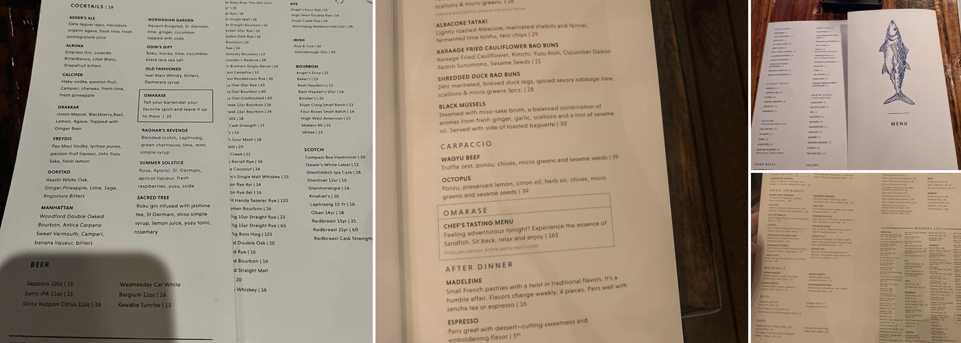 Sandfish Sushi & Whiskey Menu