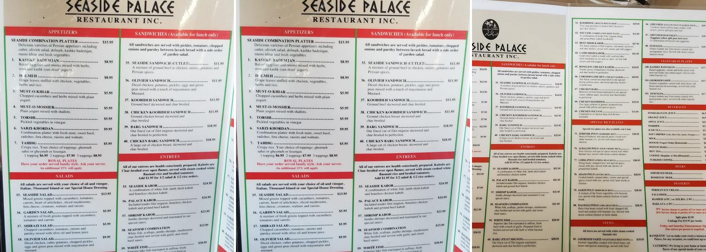 Seaside Palace Menu
