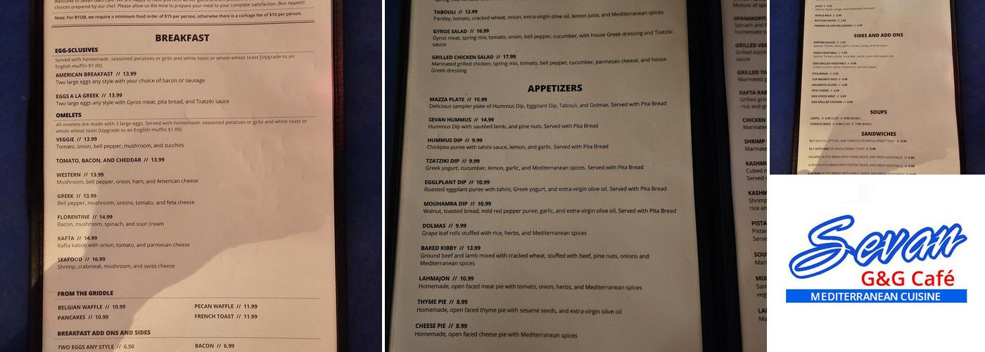 Sevan G & G Cafe Menu