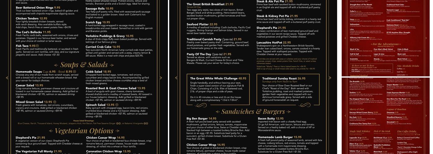 Shakespeare Pub Menu