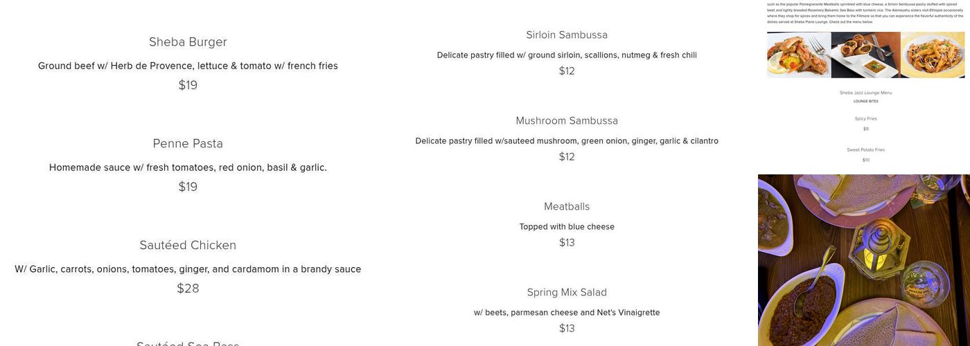 Sheba Jazz Lounge Menu