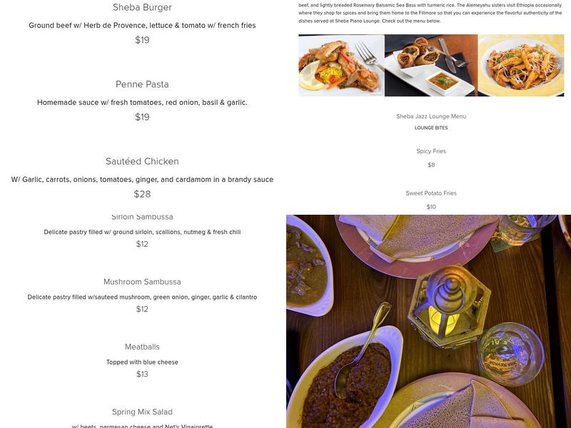 Sheba Jazz Lounge Menu