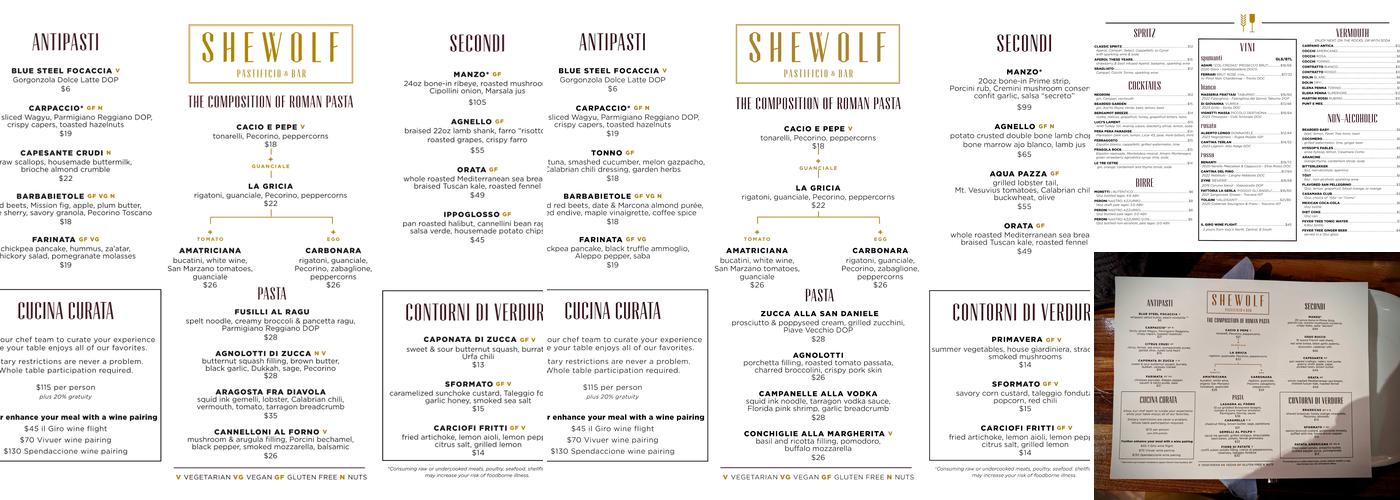 SheWolf Pastificio & Bar Menu