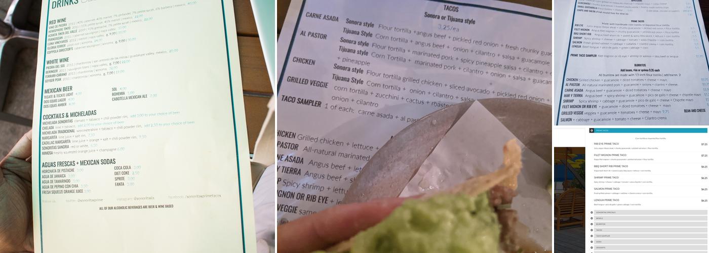 Sonoritas Prime Tacos Menu
