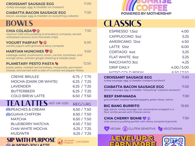 Sunrise Coffee Menu