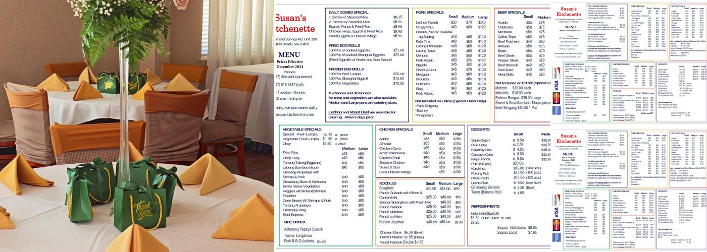 Susan's Kitchenette Filipino Menu
