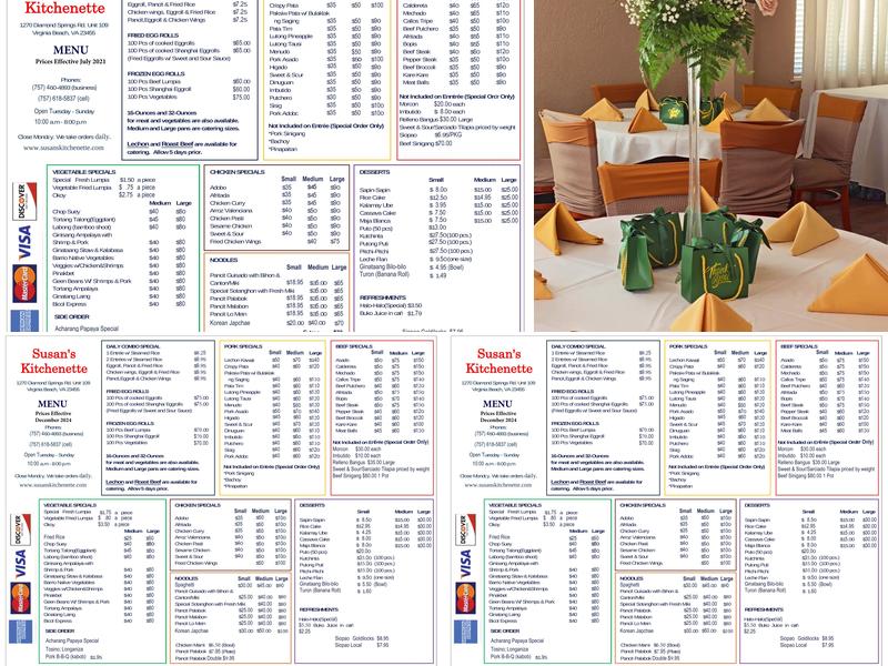 Susan's Kitchenette Filipino Menu