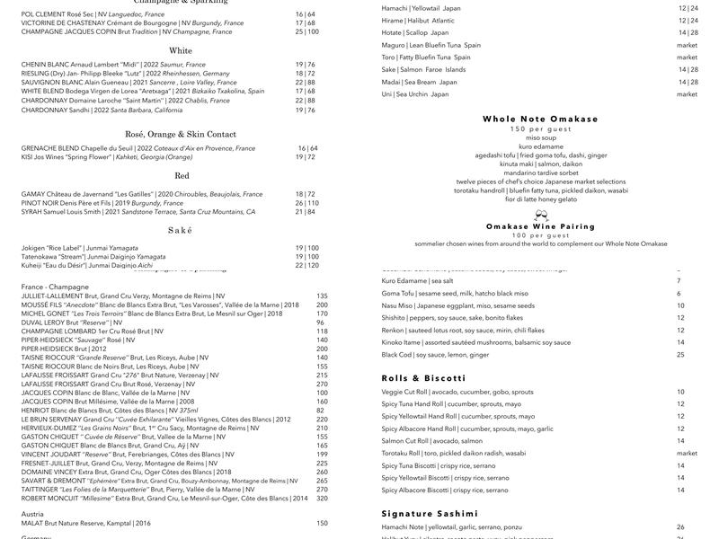 Sushi Note Menu