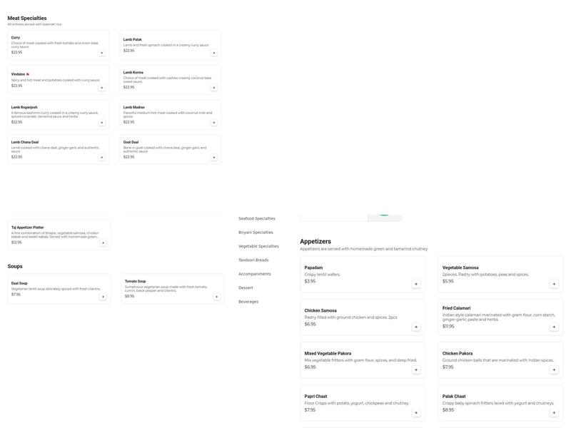 Taj of India Cuisine Menu