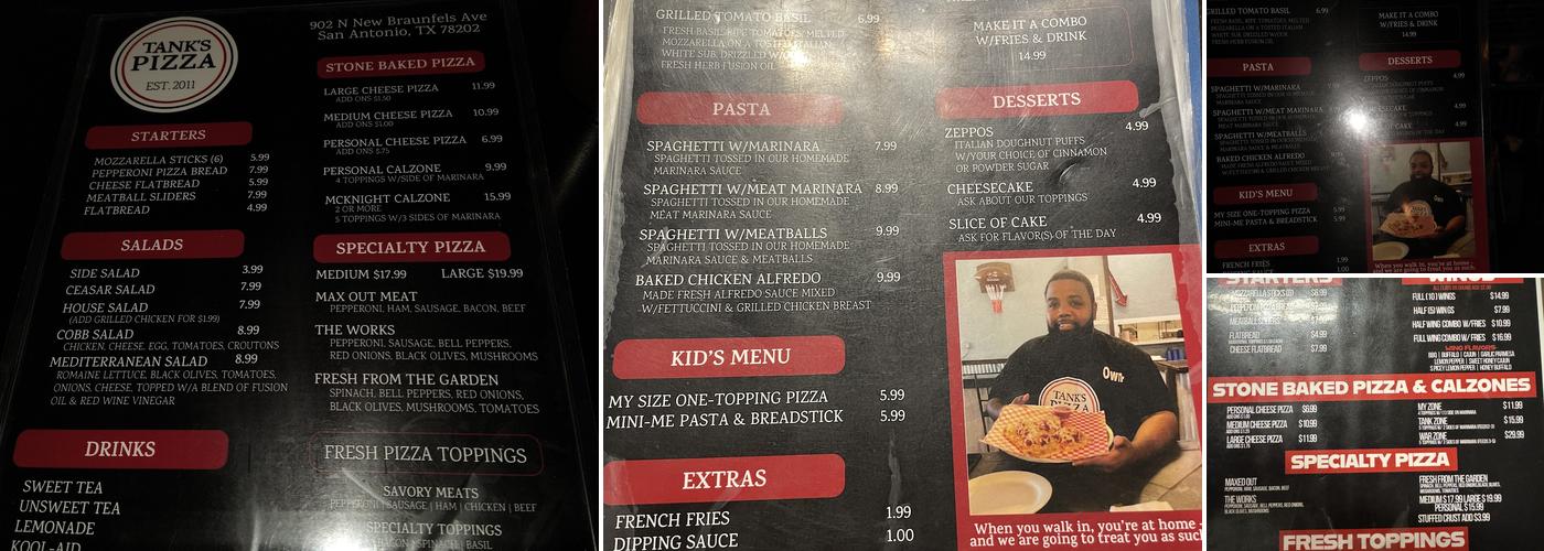 Tank's Pizza Menu