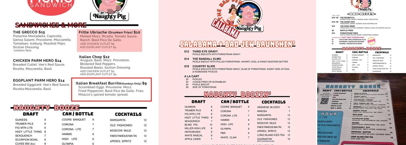 The Naughty Pig Menu