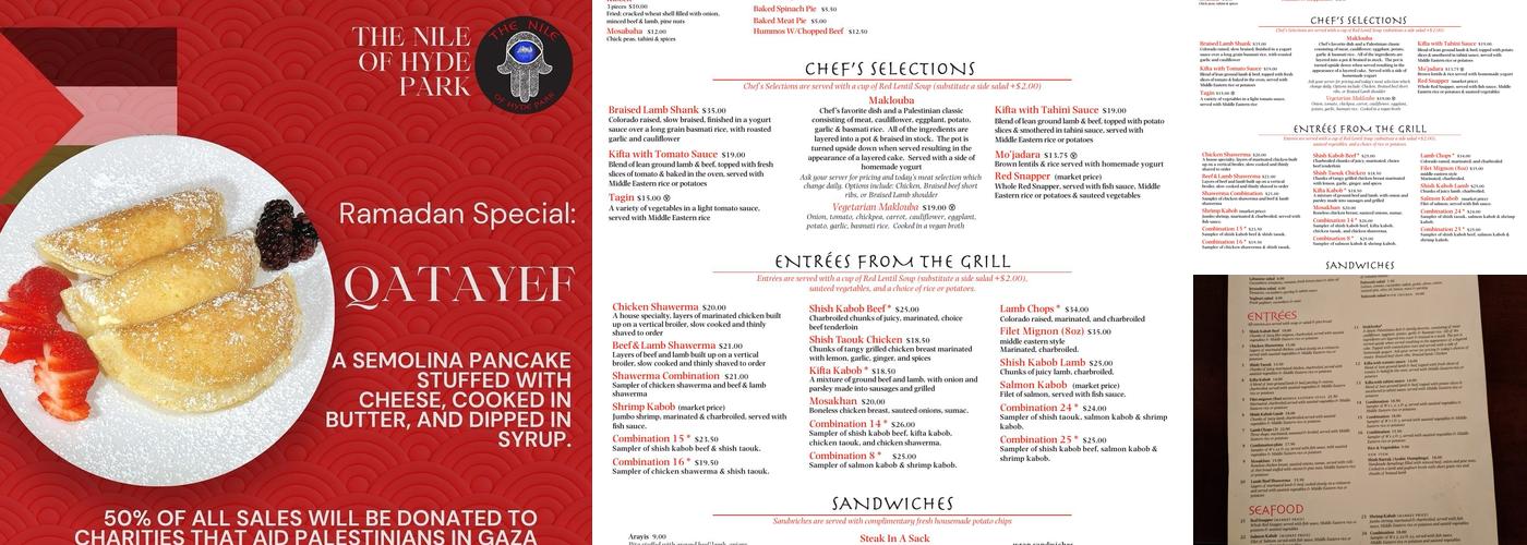 The Nile of Hyde Park Menu