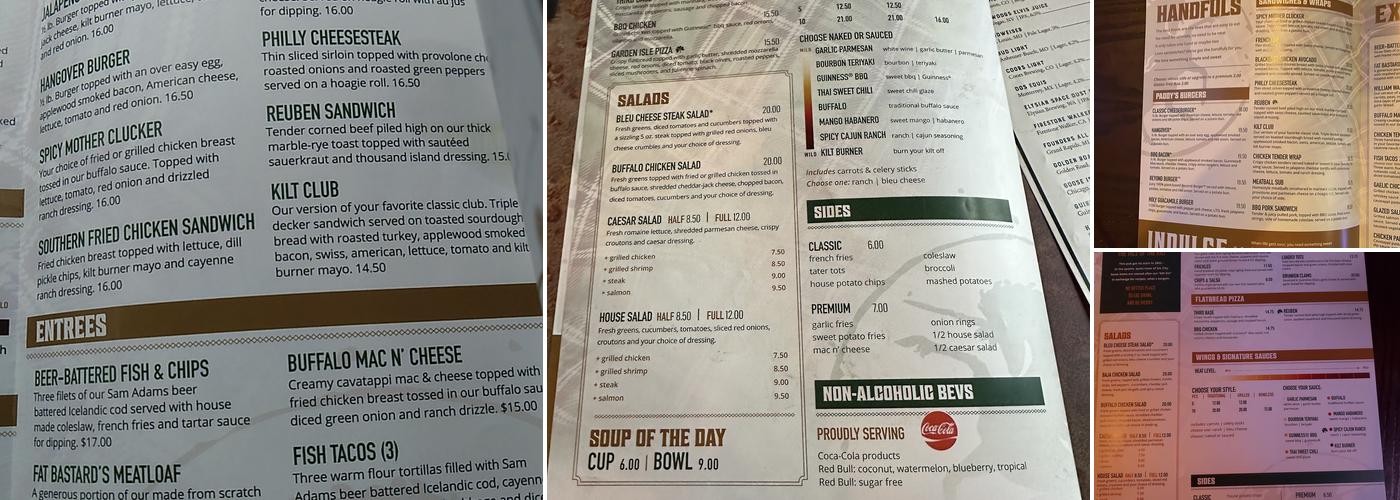 Tilted Kilt Pub and Eatery Menu