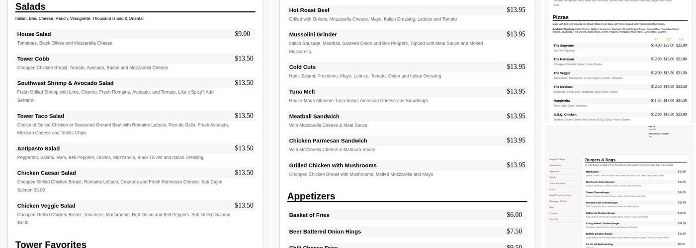 Tower Pizza Menu
