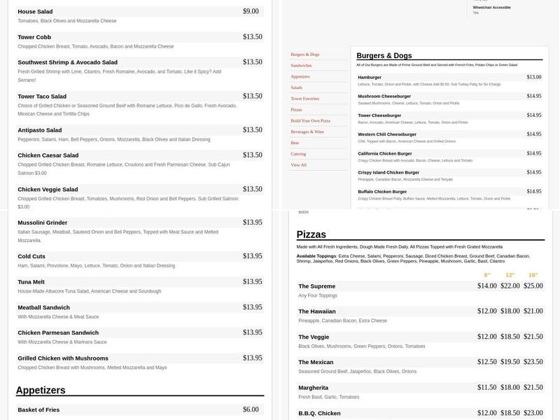 Tower Pizza Menu