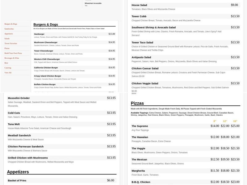 Tower Pizza Menu