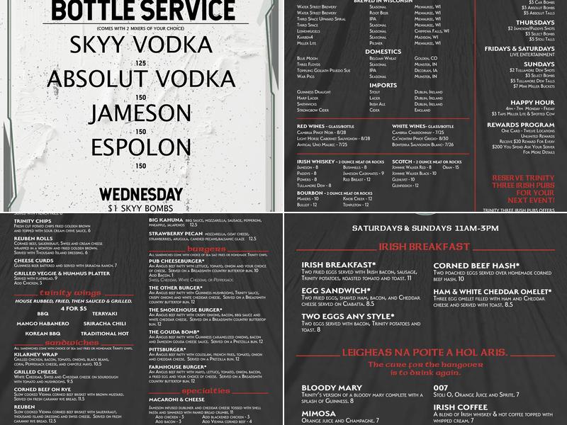 Trinity Three Irish Pubs Menu