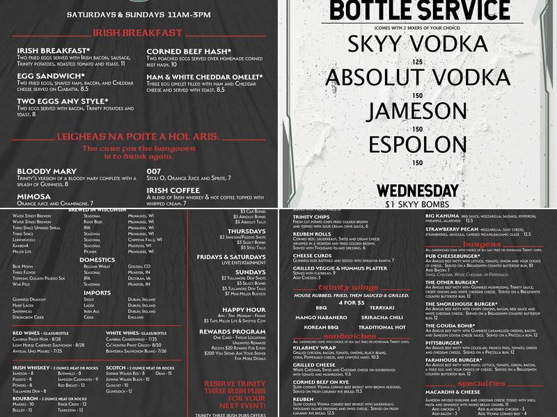 Trinity Three Irish Pubs Menu