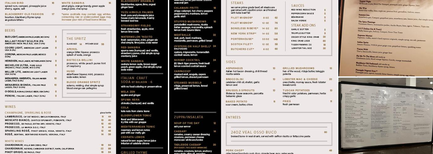 Bistecca Menu