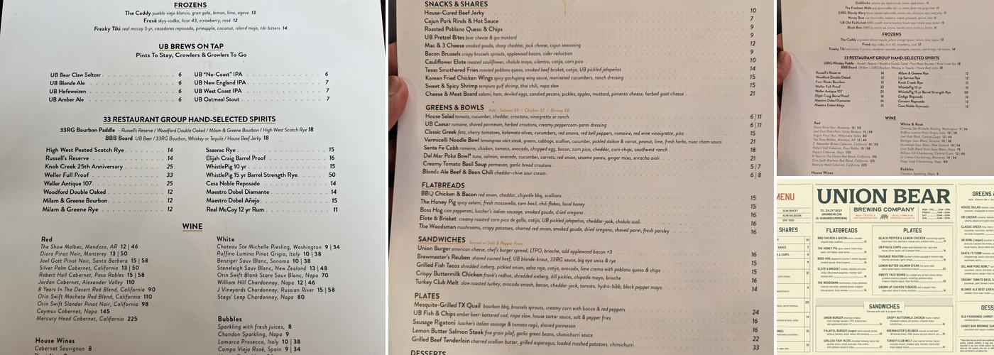 Union Bear Brewing Co. Menu