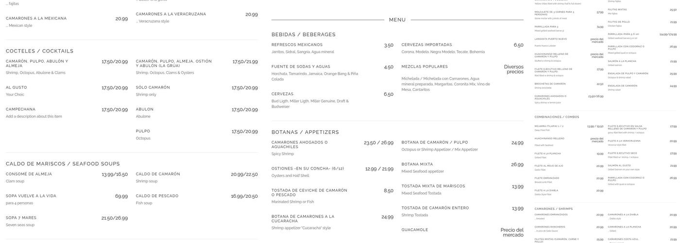 Viva La Vida Mariscos Menu