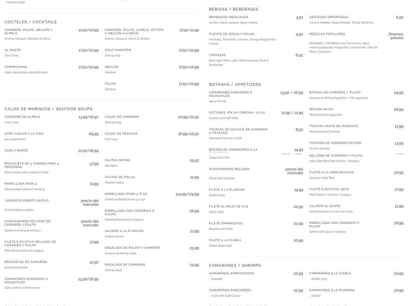 Viva La Vida Mariscos Menu