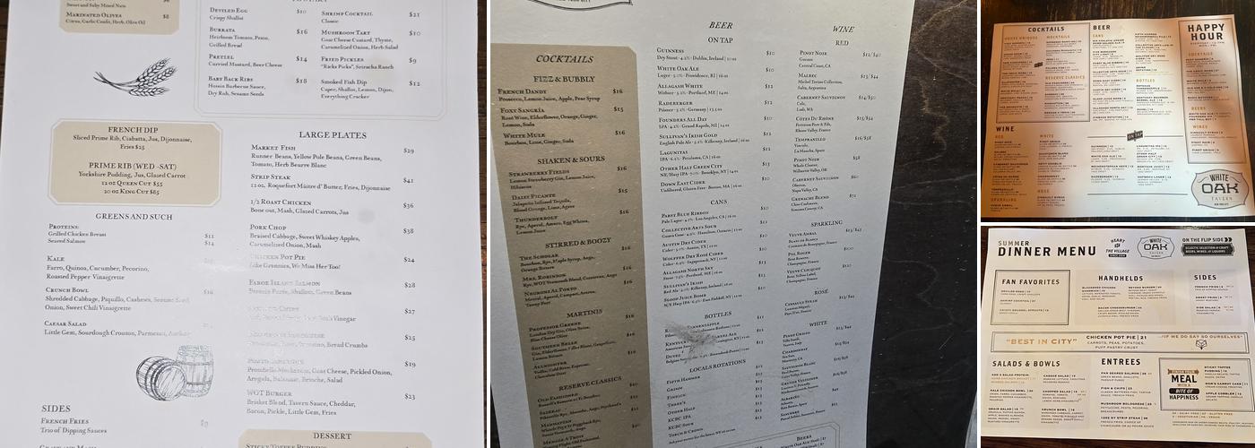 White Oak Tavern Menu