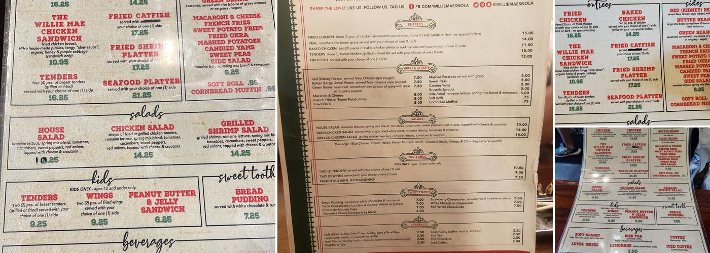 Willie Mae's Scotch House Menu