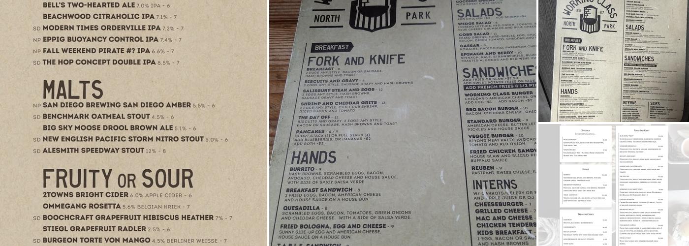 Working Class Menu
