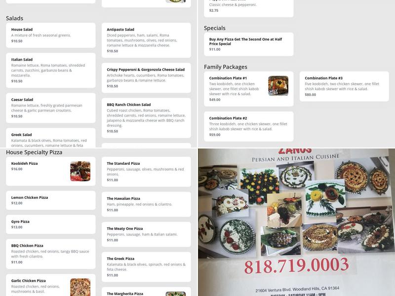 Zanos Italian & Persian Cuisine Menu