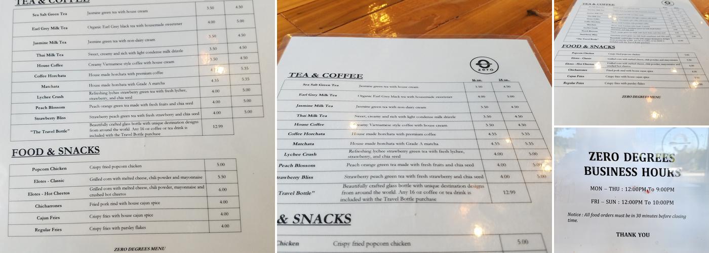 Zero Degrees Portland Menu