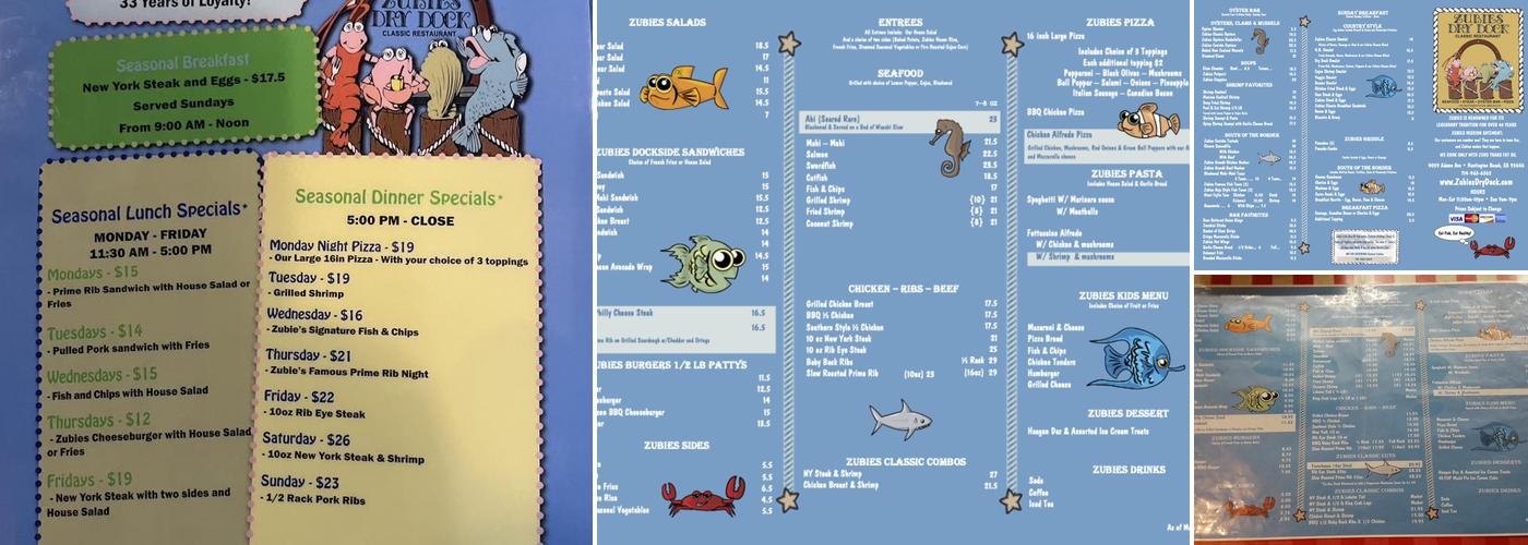 Zubie's Dry Dock Menu