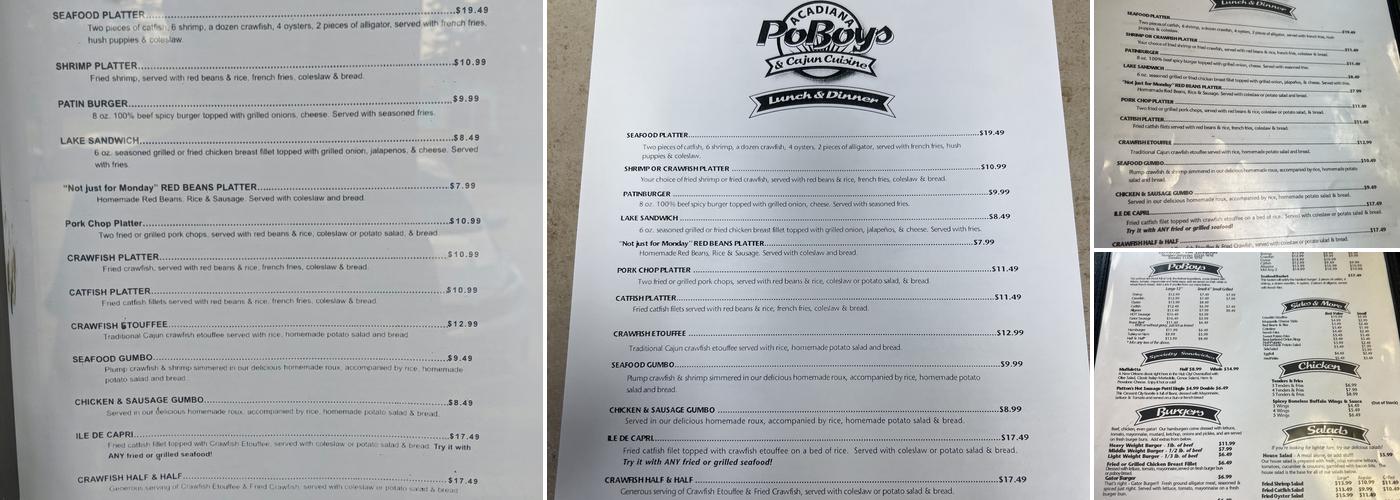 Acadiana PoBoys Menu