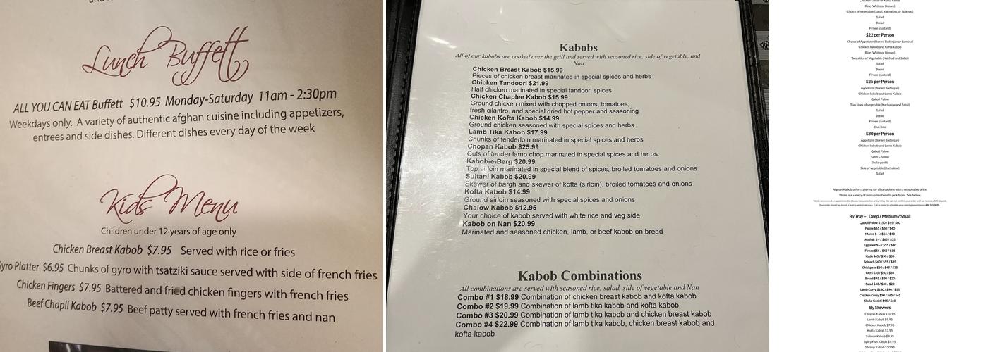 Afghan Kabob Cville Menu