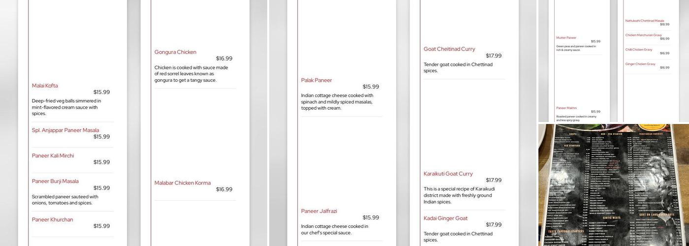 Anjappar Chettinad Indian Restaurant Menu