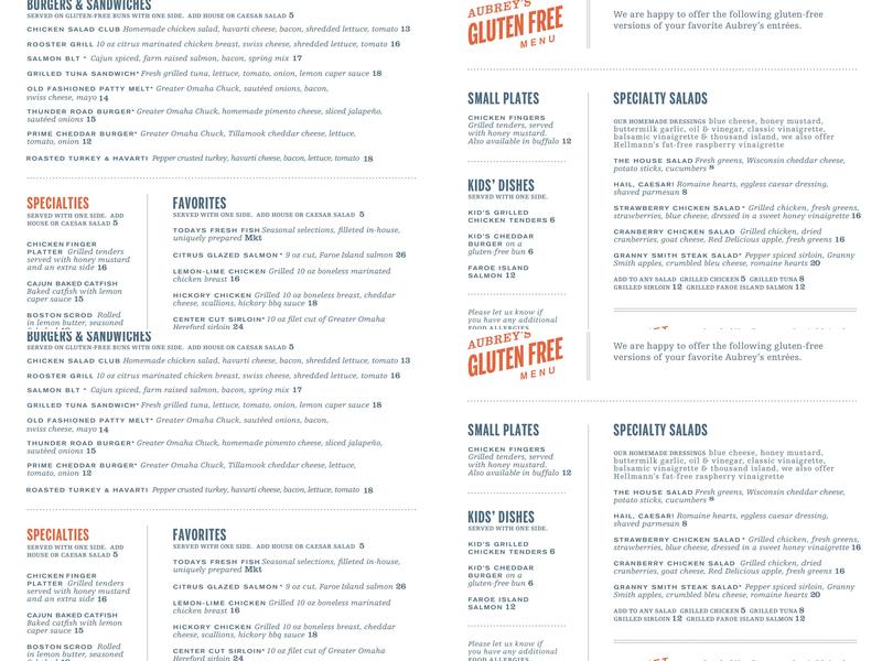 Aubrey's Johnson City Menu