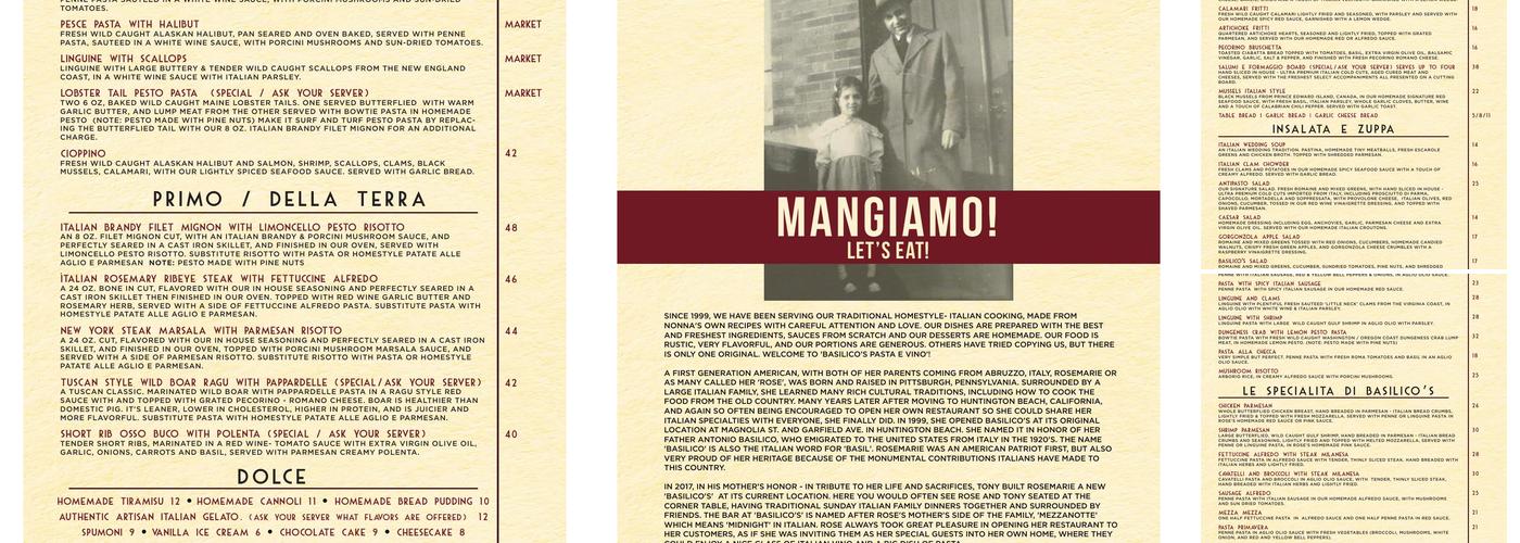 Basilico's Pasta e Vino Menu